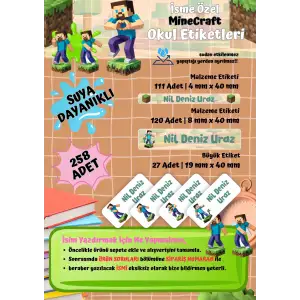 Minecraft Temalı Kişiye Özel Suya Dayanıklı Okul Etiketi Seti - 258 Adet İsimli Etiket