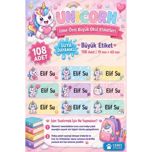 Okul Etiketi Defter isimli Etiket Isim Yazılabilen Unicorn Temalı - 108 Adet Özel Yeni Tasarım