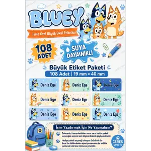 Okul Etiketi Defter isimli Etiket Isim Yazılabilen Bluey Temalı - 108 Adet Özel Yeni Tasarım