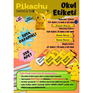 Pikachu Pokemon Temalı Kişiye Özel Suya Dayanıklı Okul Etiketi – 258 Adet İsimli Çıkartma