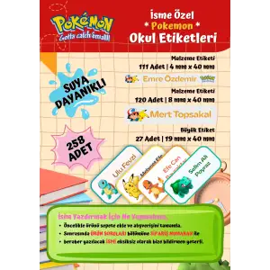 POKEMON Okul Etiketi Defter Etiketi Kalem Etiketi Kişiye Özel Suya Dayanıklı İsim Yazılabilien