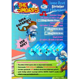 Şirinler (ERKEK) Temalı Kişiye Özel Suya Dayanıklı Okul Etiketi Seti – 258 Adet İsimli Çıkartma