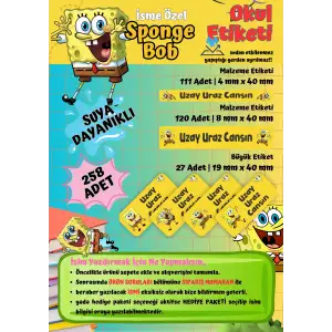 Sponge Bob Temalı Kişiye Özel Suya Dayanıklı Okul Etiketi – 258 Adet İsimli Çıkartma