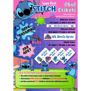 Stitch Temalı Kişiye Özel Suya Dayanıklı Okul Etiketi Seti - 258 Adet İsimli Etiket
