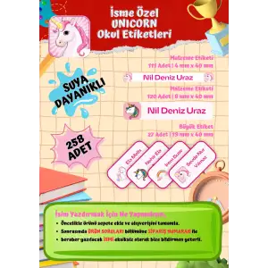 Unicorn Okul Etiketi Defter Etiketi Kalem Etiketi Kişiye Özel Suya Dayanıklı İsim Yazılabilien
