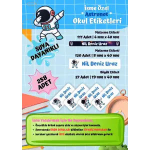 Uzay Astonot Temalı Kişiye Özel Suya Dayanıklı Okul Etiketi Seti - 258 Adet İsimli Etiket