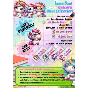 Yeni Unicorn Temalı Kişiye Özel Suya Dayanıklı Okul Etiketi Seti – 258 Adet İsimli Çıkartma