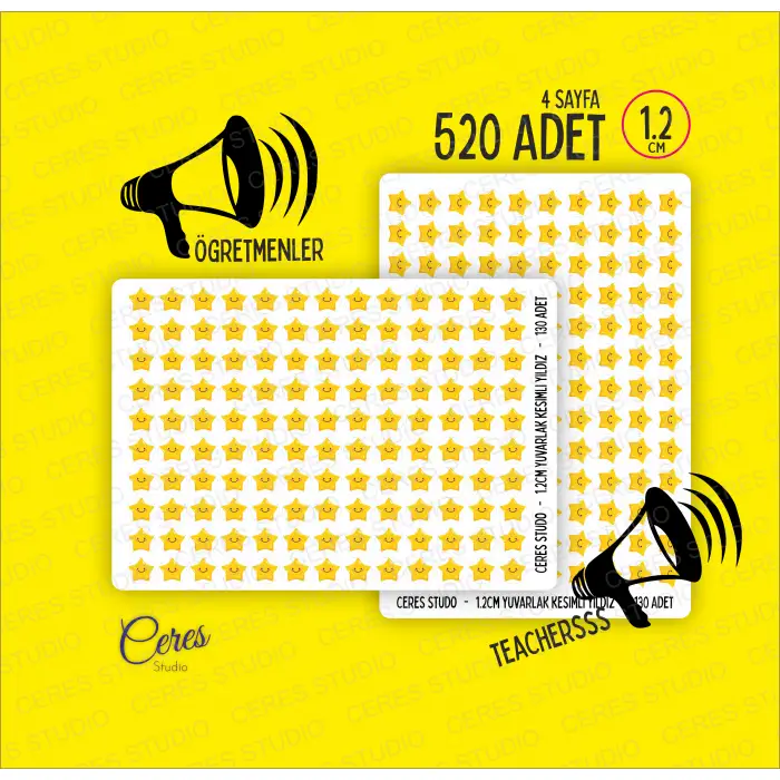Öğretmenler Için Yıldız Etiketi Star Sticker 4 Sayfa 520 Adet 1,2cm Ebat