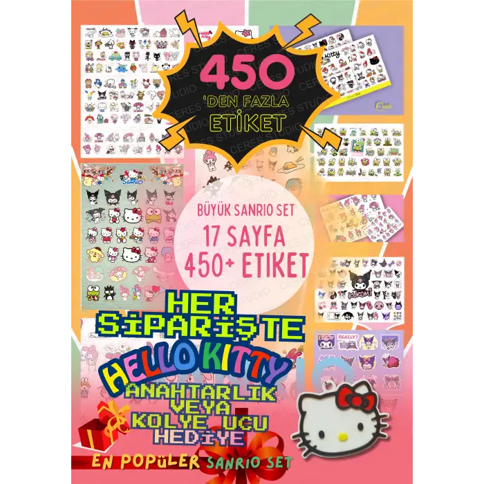 Büyük Sanrio Sticker Set Hello Kitty Kuromi 17 Sayfa 450den Fazla Sticker Etiket (425)