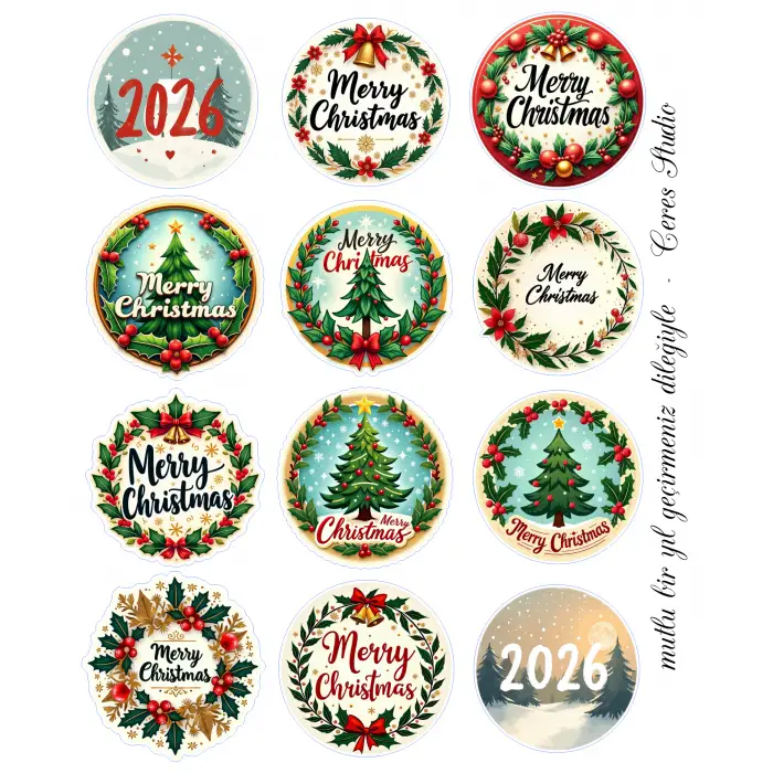 Yılbaşı Sticker, Mutlu Yıllar, Marry Chrsitmas Seti, 12 Adet (1 sayfa)