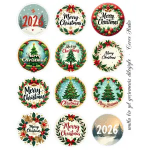 Yılbaşı Sticker, Mutlu Yıllar, Marry Chrsitmas Seti, 12 Adet (1 sayfa)