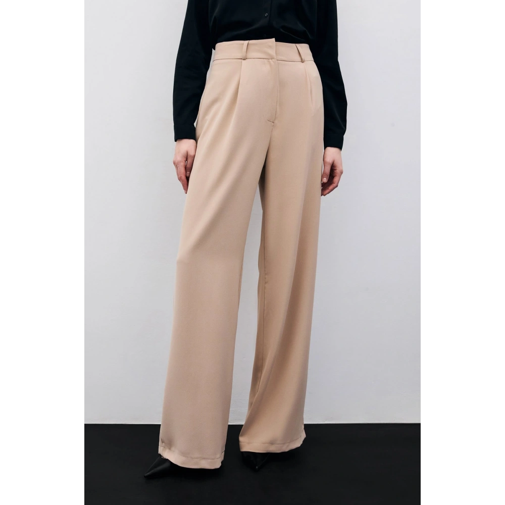 Pileli Krep Pantolon - Bej