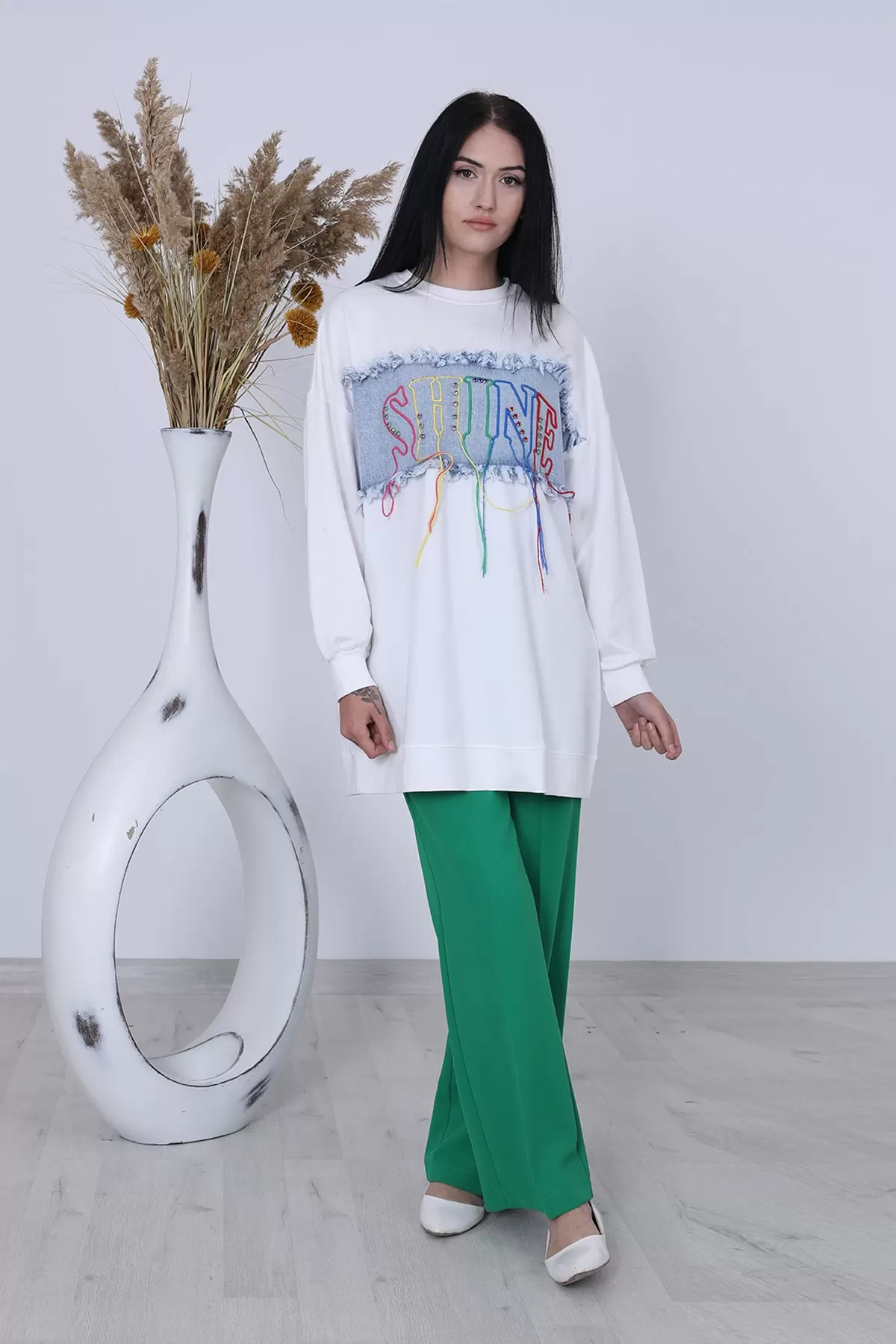 Nisaca Kot Detaylı Renkli Yazılı Tunik