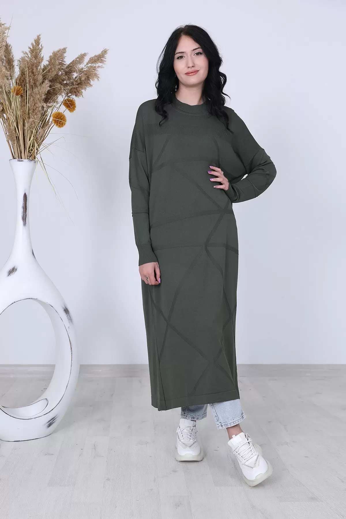 Nisaca Uzun Triko Tunik Kendinden Desenli Rayon Uzun Tunik