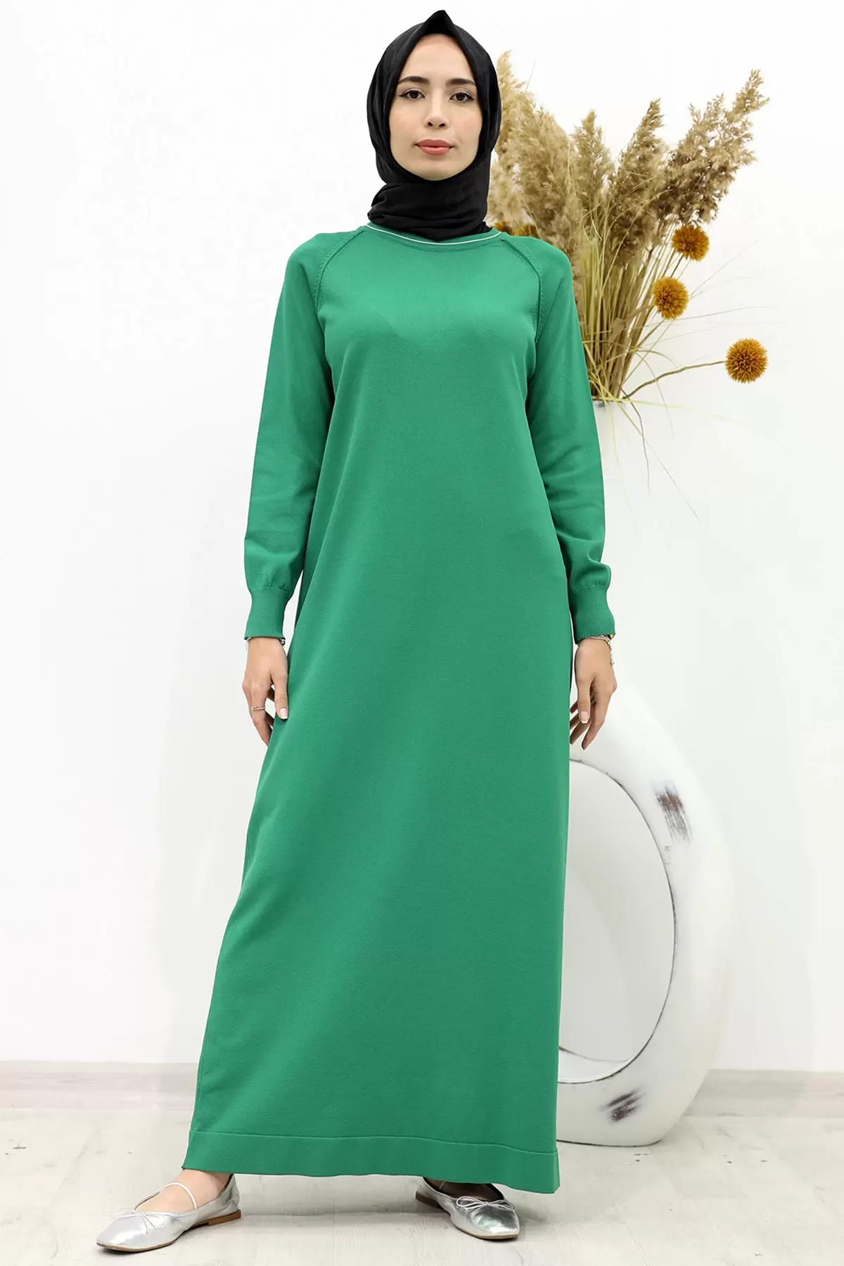 Nisa Giyim Yakası Şerit Detaylı Merserize Elbise