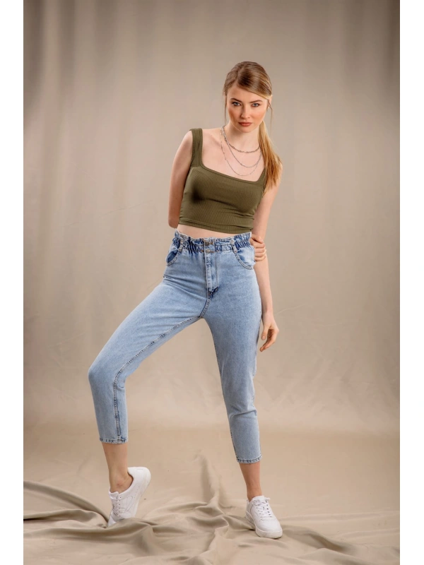 Lastik Detaylı Slim Fit Jeans - MAVİ