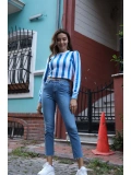 Çizgili Tasarım Triko Bluz - MAVİ