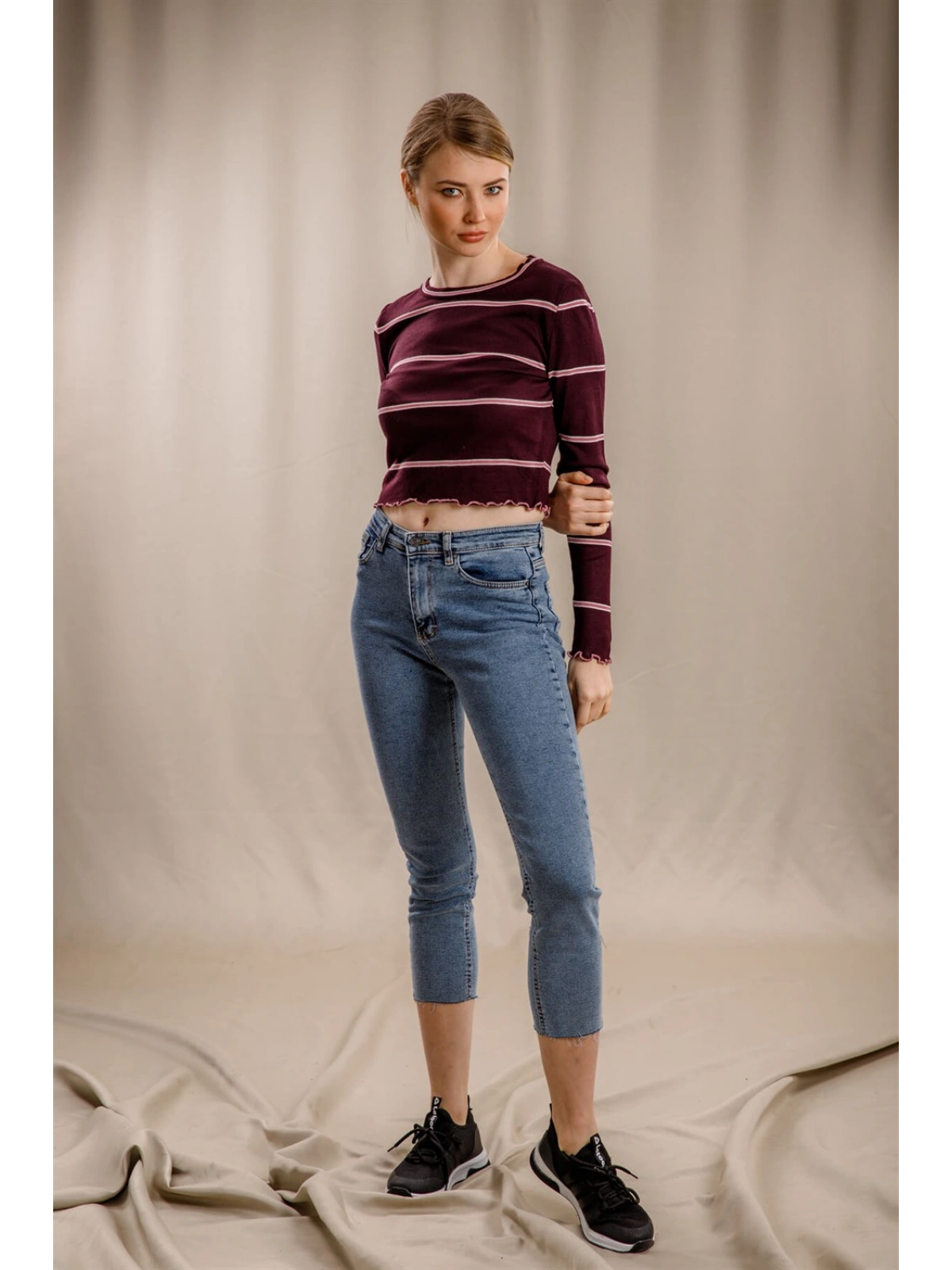 Çizgili Crop Triko - BORDO