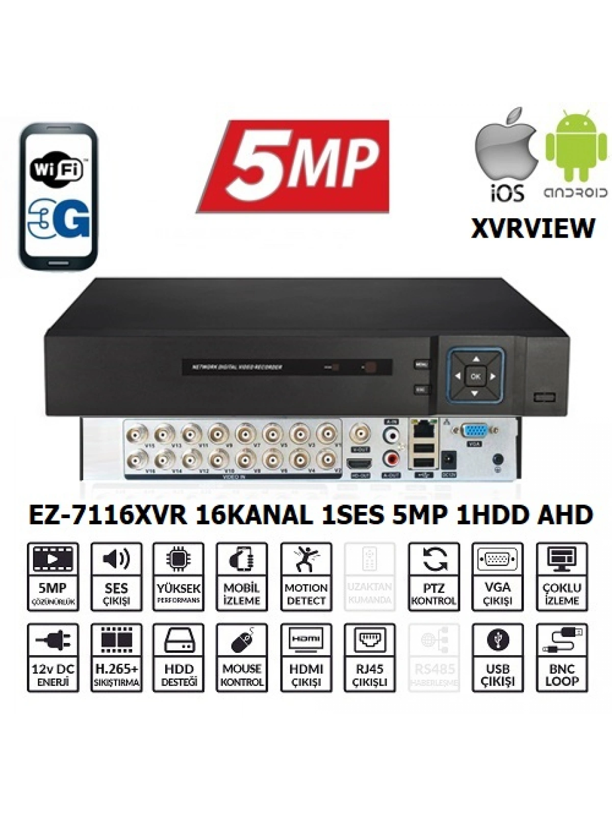 EZCOOL EZ-7116XVR 16CH 5MP KOAKSIYEL SES XVRVIEW