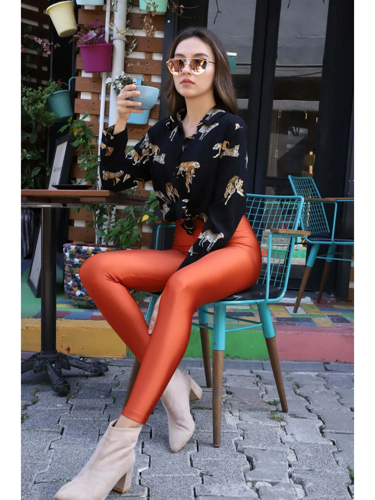 Yüksek Bel Disco Tayt - KİREMİT