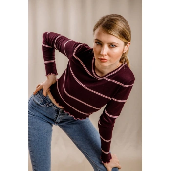 Çizgili Crop Triko - BORDO