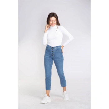 Düğme Detaylı Kesik Paça Slim Fit Jean-MAVİ