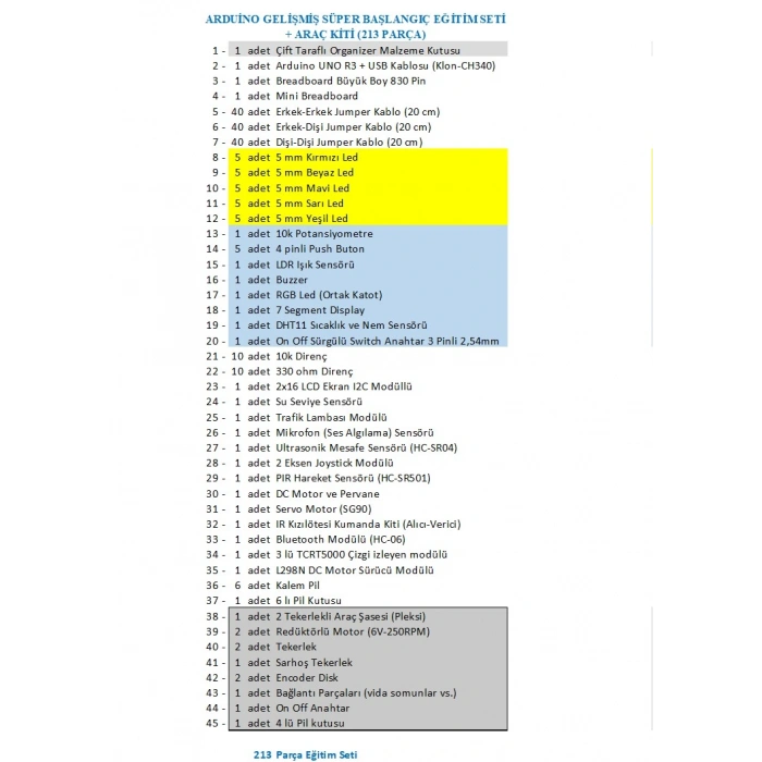 ARDUİNO GELİŞMİŞ SÜPER BAŞLANGIÇ EĞİTİM SETİ + ARAÇ KİTİ (213 PARÇA)