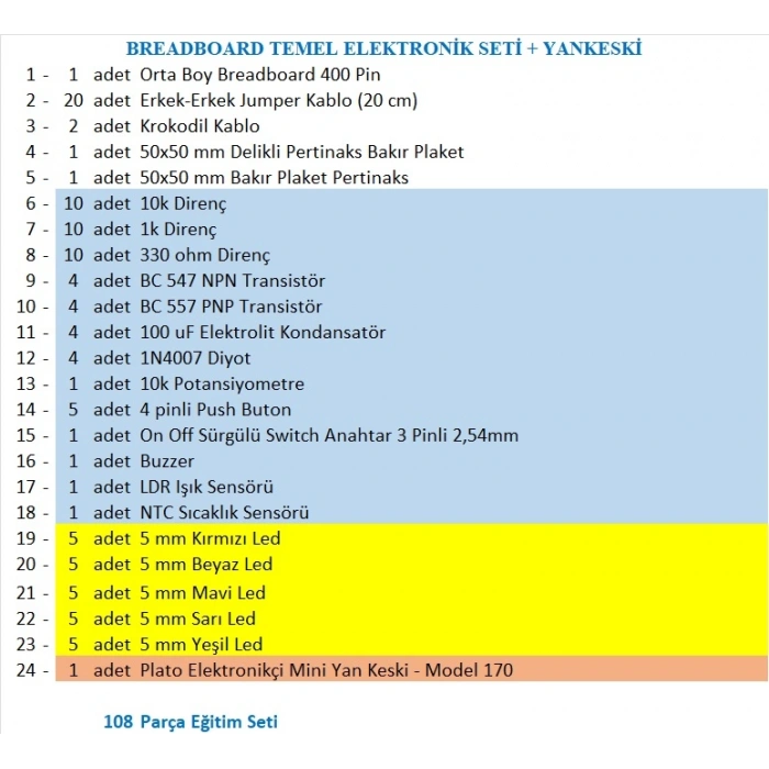 BREADBOARD TEMEL ELEKTRONİK SETİ + PLATO YANKESKİ