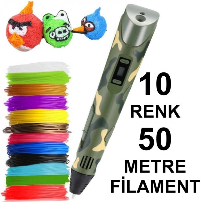 KAMUFLAJ 3D Kalem Yazıcı+10 renk 50 metre(10x5metre)PLA Filament