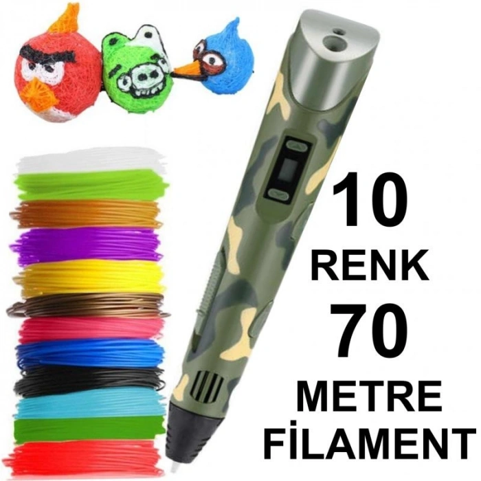 KAMUFLAJ 3D Kalem Yazıcı+10 renk 70 metre(10x7metre)PLA Filament