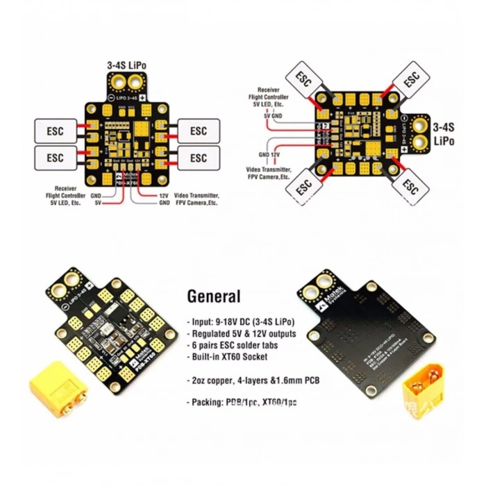 Matek PDB ESC Güç Dağıtım Kartı XT60 Konnektörlü