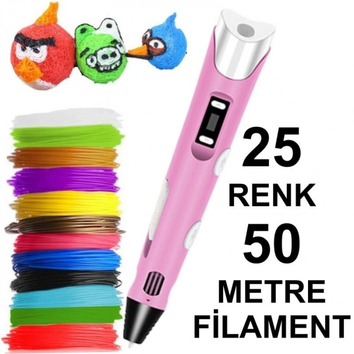 PEMBE 3D Kalem Yazıcı+25 renk 50 metre (25x2metre) PLA Filament
