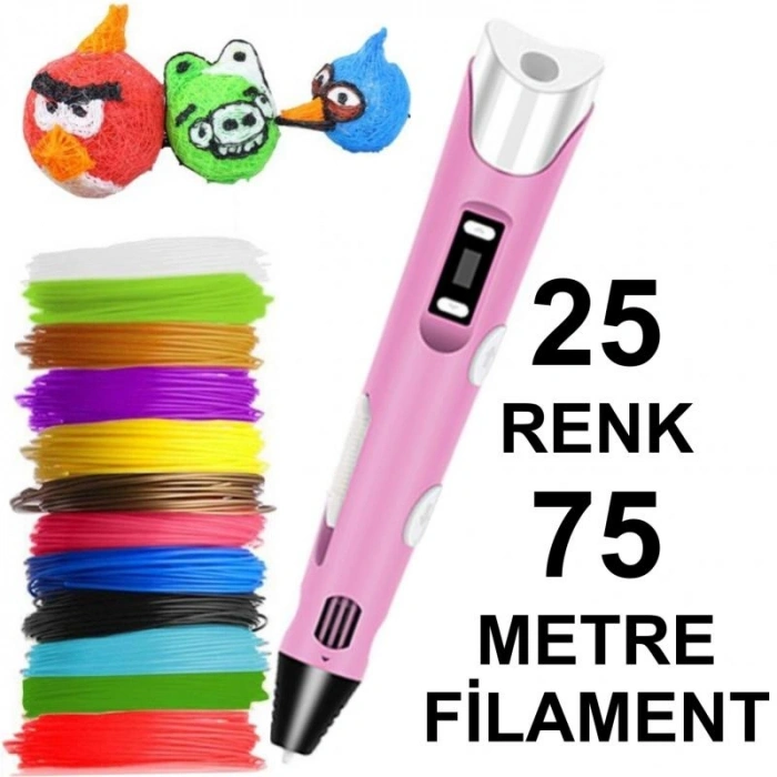 PEMBE 3D Kalem Yazıcı+25 renk 75 metre (25x3metre) PLA Filament