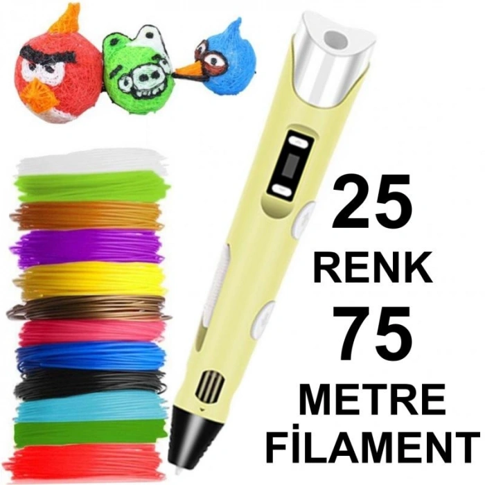 SARI 3D Kalem Yazıcı+25 renk 75 metre (25x3metre) PLA Filament