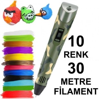 KAMUFLAJ 3D Kalem Yazıcı+10 renk 30 metre(10x3metre)PLA Filament