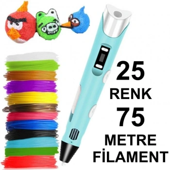 MAVİ 3D Kalem Yazıcı+25 renk 75 metre (25x3metre) PLA Filament
