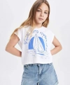 DEFACTO Kız Çocuk Crop Bisiklet Yaka Baskılı Kısa Kollu T-shirt
