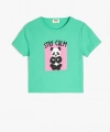 KOTON Kız Çocuk Pamuklu Panda Baskılı Bisiklet Yaka Kısa Kollu Crop T-shirt