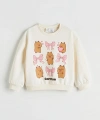 LC Waikiki Ekru Bisiklet Yaka Baskılı Kız Çocuk Sweatshirt