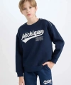 Defacto Lacivert Oversize Geniş Kalıp Bisiklet Yaka Baskılı Sweatshirt Erkek Çocuk
