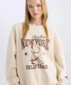 Defacto Oversize Geniş Kalıp Bisiklet Yaka Baskılı Kalın Sweatshirt