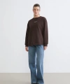 LC Waikiki Kahverengi Nakışlı Oversize Kadın Kalın Sweatshirt
