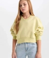 Defacto Cropped Fit V Yaka Basic Düz Sweatshirt Kız Çocuk