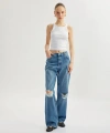 Koton Yüksek Bel Yıpratma Detaylı Pamuklu Denim Pantolon