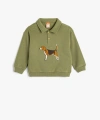KOTON Köpek Baskılı Pamuklu Uzun Kollu Şardonlu Polo Yaka Sweatshirt