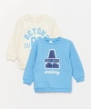 LC Waikiki Bej Bisiklet Yaka Uzun Kollu Baskılı Erkek Bebek Sweatshirt 2li