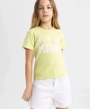 Defacto Kız Çocuk Slim Fit Dar Kesim Bisiklet Yaka Baskılı Fitilli Kaşkorse Tişört