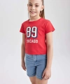 Defacto Kız Çocuk Slim Fit Ribana Baskılı Kısa Kollu Tişört