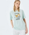 Koton Kadın Kedi Baskılı Bisiklet Yaka Mint Yeşili Kadın T-Shirt