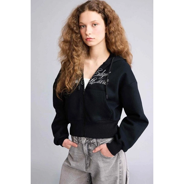 DEFACTO Kadın Kapüşonlu Baskılı Fermuarlı Sweatshirt